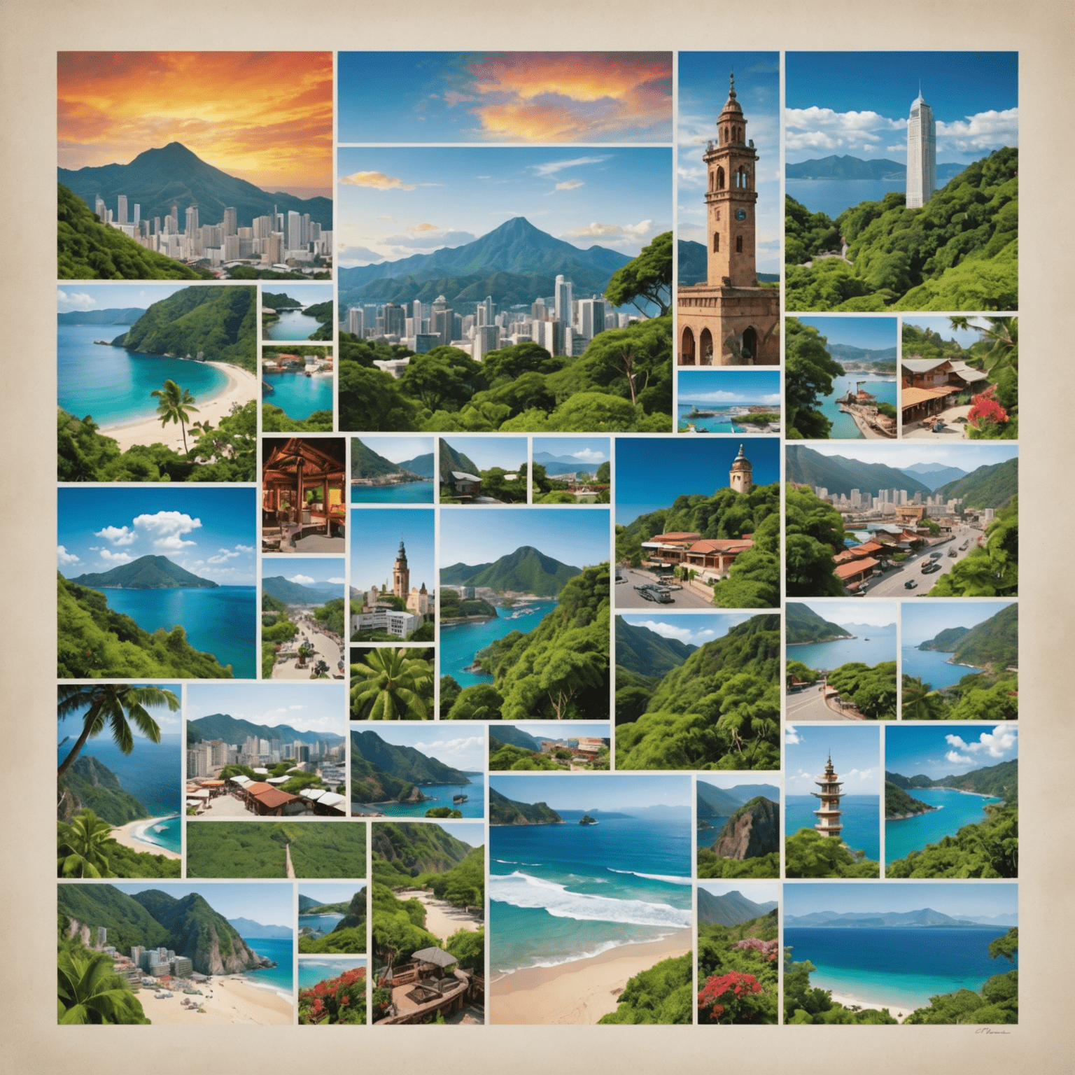 A collage of travel images showcasing diverse destinations, including a serene beach, bustling city skyline, and lush mountain landscape, representing the global scope of Kwemta's travel offerings