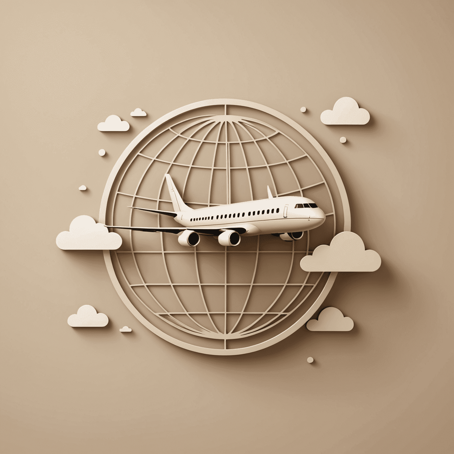 A stylized airplane icon with a warm beige background, surrounded by gentle cloud patterns and a subtle globe outline, representing Kwemta's flight booking service