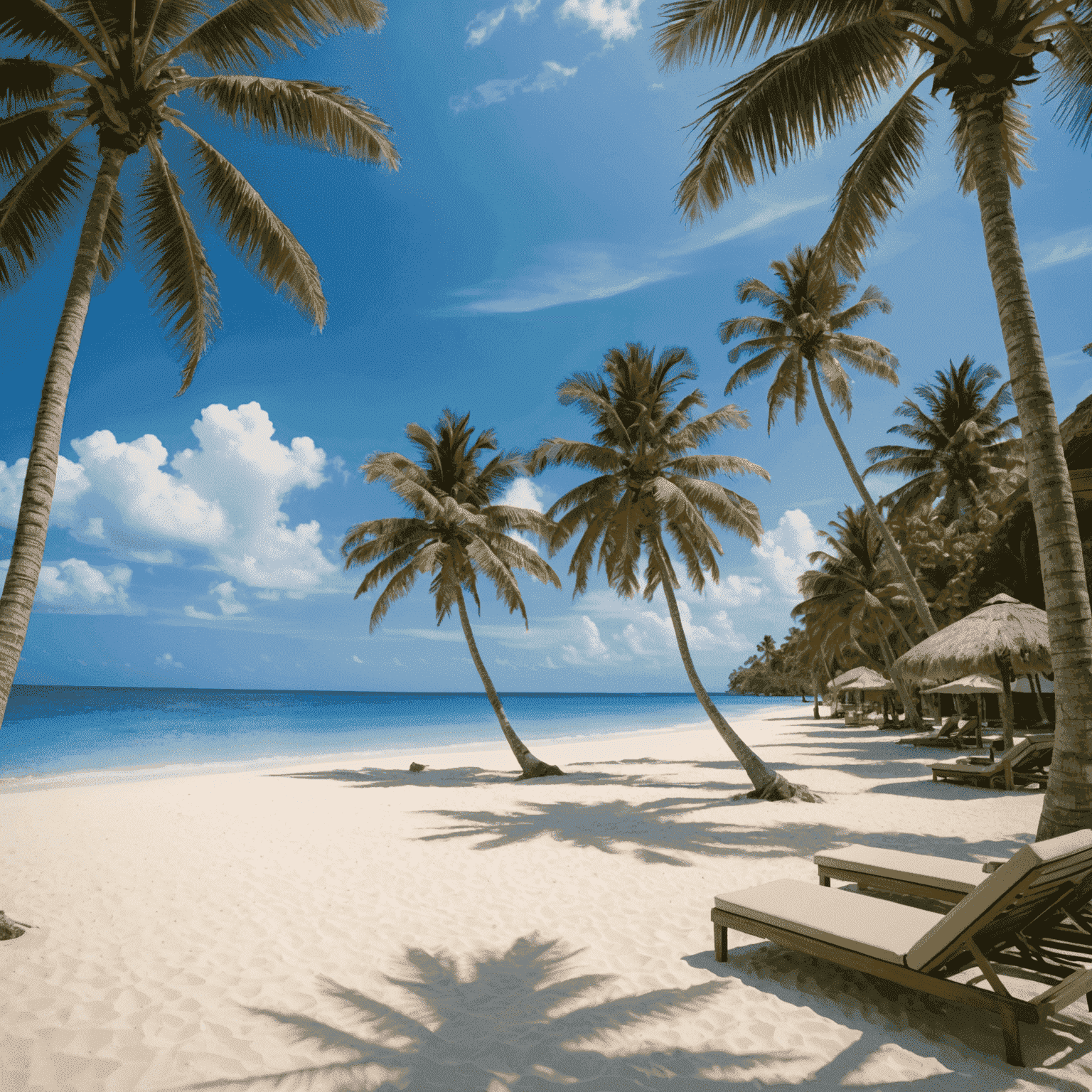 A serene beach with crystal clear water, palm trees swaying in the breeze, and a luxurious resort in the background. The image captures the essence of a tropical paradise vacation package.