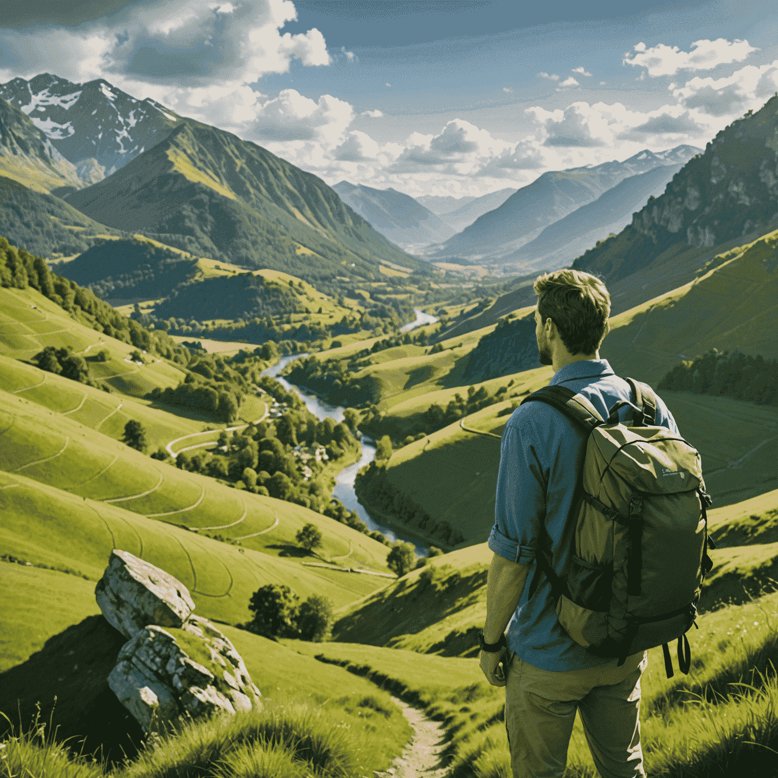 A serene landscape showing a traveler with a backpack overlooking a lush green valley, symbolizing the peace of mind that comes with travel insurance