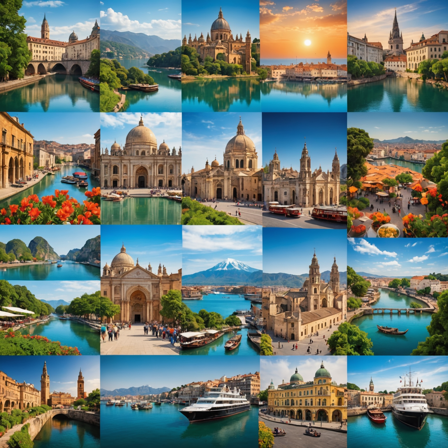 A montage of various travel destinations, showcasing beautiful landscapes, cultural landmarks, and local cuisine