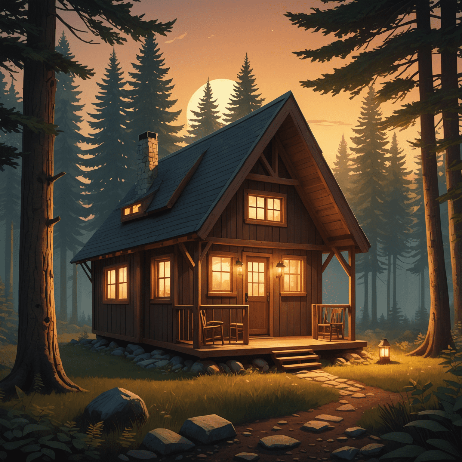 A cozy cabin icon nestled in a forest setting, with a warm glow emanating from the windows, symbolizing Kwemta's diverse accommodation options