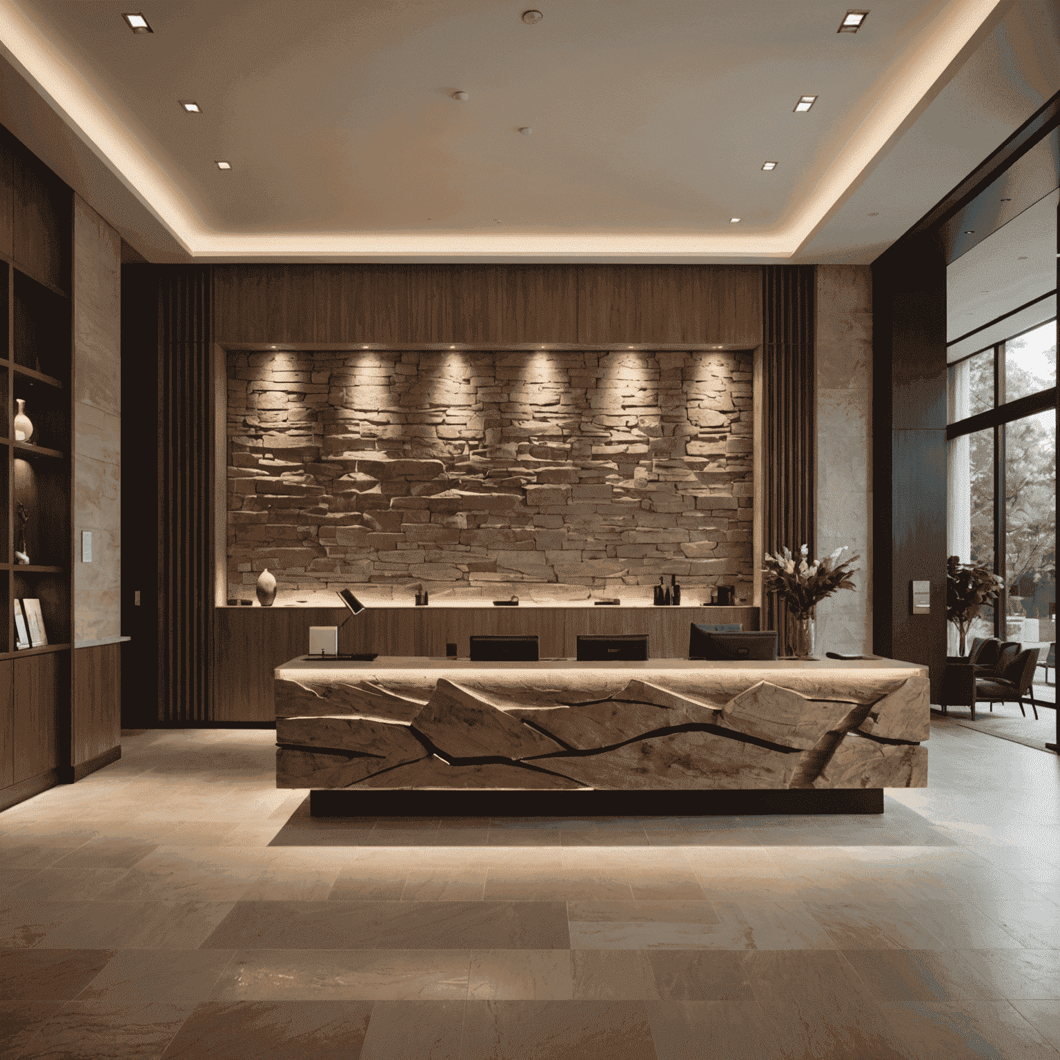 A modern hotel lobby with warm lighting, comfortable seating areas, and a sleek reception desk. The space features natural materials like wood and stone, creating an inviting atmosphere.