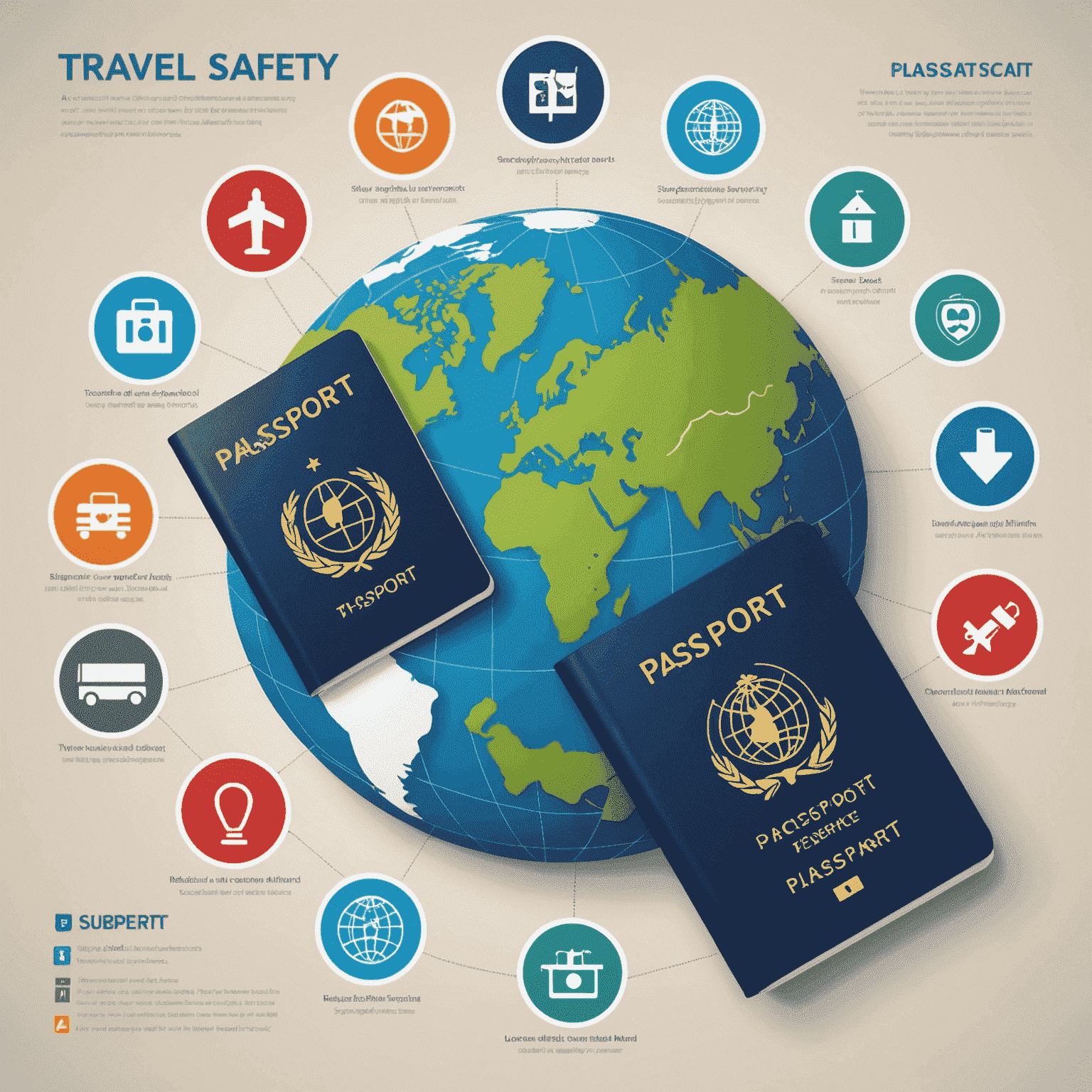 An infographic-style image showing various travel safety icons, such as a passport, a medical cross, and a globe with location markers