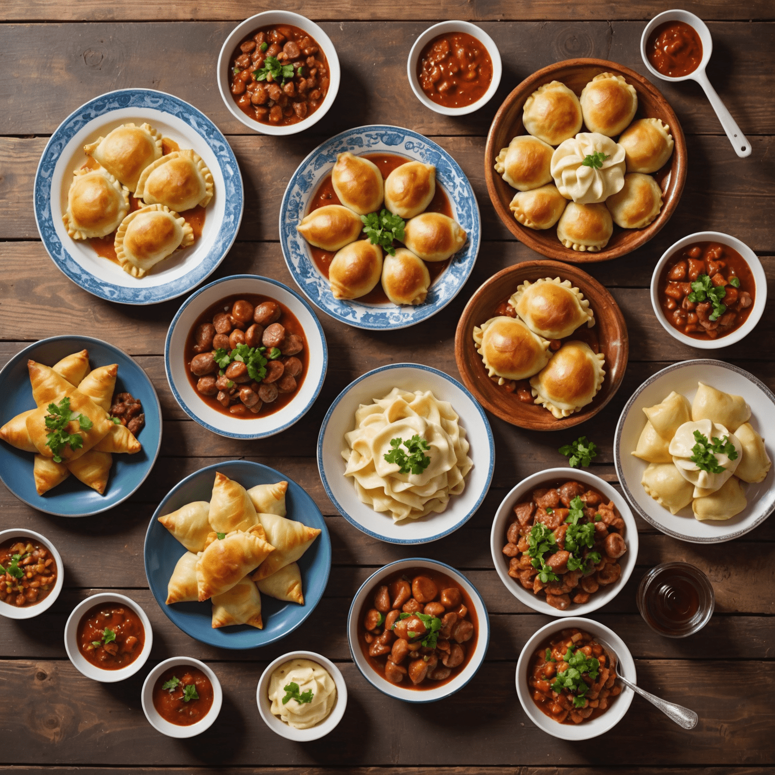 A colorful spread of traditional Polish dishes including pierogi, kielbasa, bigos, and oscypek cheese, arranged on a rustic wooden table