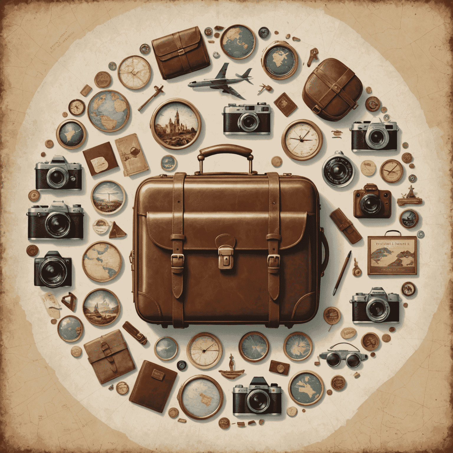 A collage of travel icons including a suitcase, camera, and map, arranged in a circular pattern with earthy tones, representing Kwemta's comprehensive travel packages