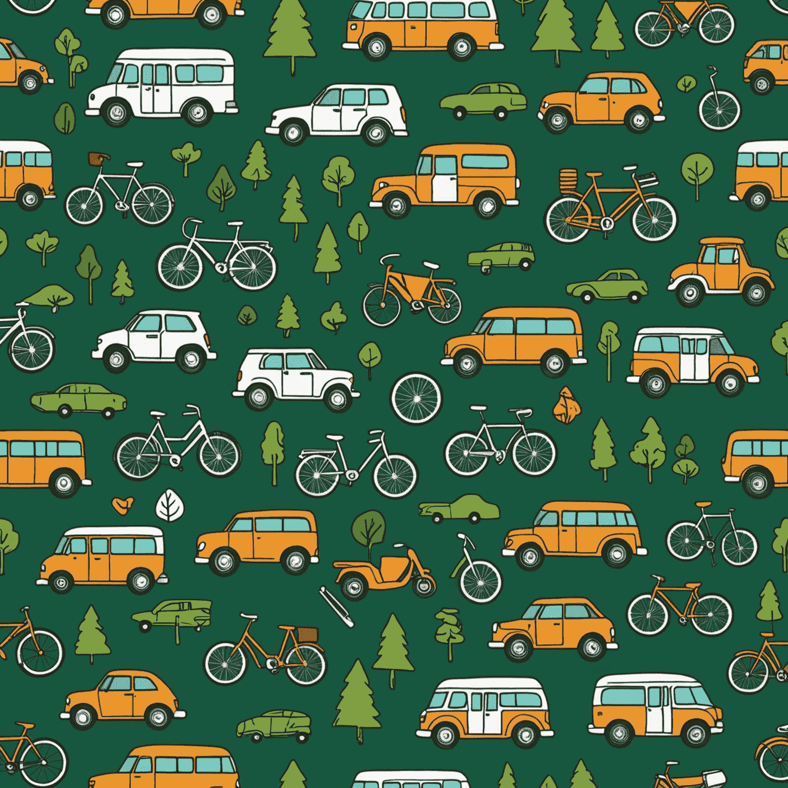 A set of hand-drawn transportation icons including a car, bus, and bicycle, arranged on a map background with forest green accents, illustrating Kwemta's diverse transportation options